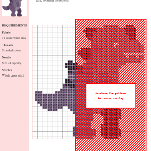 Cross-stitch pattern depicting a Carnotaurus dinosaur in shades of purple and red. The design includes a grid and color key.