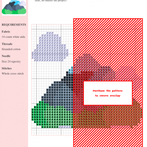 Cross-stitch pattern depicting a stylized mountain landscape in shades of green, gray, and blue. DMC and Anchor thread color numbers are included.