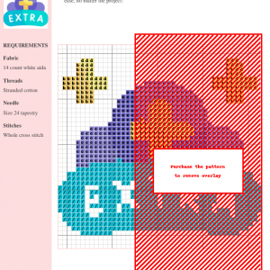 Cross stitch pattern showcasing a colorful, abstract design with teal, purple, orange, and red hues. The pattern uses whole cross stitches.