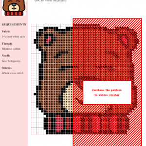 Cross stitch pattern of a cute brown bear wearing a red scarf, displayed on a grid with color-coded symbols.