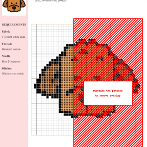 Cross stitch pattern of a cute poodle dog, using brown and black threads on white aida fabric.