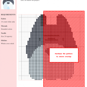 Cross-stitch pattern of a Pitbull dog, featuring gray and red colors on 14-count white Aida fabric.