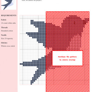 Cross stitch pattern featuring a stylized swallow bird in shades of dark gray and red on a white aida cloth background.