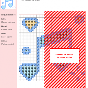 A cross-stitch pattern depicting a musical note with hearts, using light blue, beige, and black threads on white aida fabric.