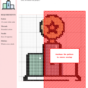 Cross-stitch pattern showcasing a champion's trophy, featuring red, orange, and white thread colors on 14-count white Aida fabric.