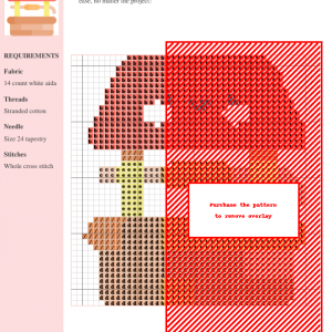 Cross stitch pattern of a charming water well, featuring warm earth tones and red accents. The design includes a grid for easy stitching.