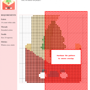Cross stitch pattern chart for a Christmas card featuring a stylized Christmas tree in red, green, beige, and brown. The design includes a partially visible envelope.