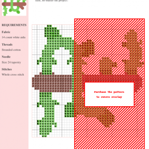 Cross stitch pattern depicting a stylized vine with green leaves and brown branches on a white background. DMC and Anchor thread colors are specified.