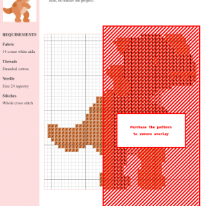 Cross-stitch pattern featuring a charming dilophosaurus dinosaur, rendered in shades of brown and orange on white aida cloth. The design includes clear gridlines for easy stitching.