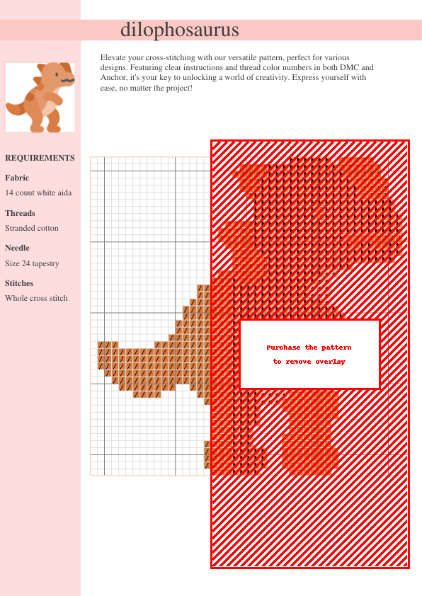 Cross-stitch pattern featuring a charming dilophosaurus dinosaur, rendered in shades of brown and orange on white aida cloth. The design includes clear gridlines for easy stitching.
