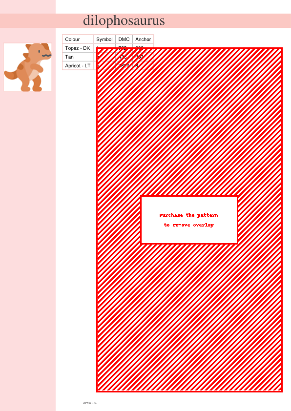 Image of a cross stitch pattern featuring a repeating diagonal striped design in red and white. A small illustration of a Dilophosaurus dinosaur is visible in a corner.