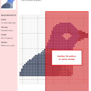 A cross-stitch pattern depicting a pigeon in shades of gray, purple, and red. The design is presented on a grid chart.