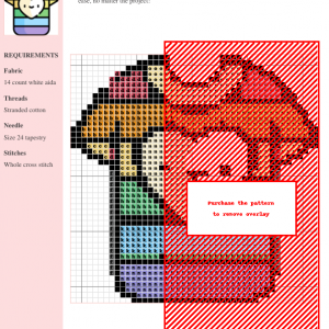 Cross-stitch pattern of a colorful t-shirt featuring a heart design, ready to be stitched. The pattern includes DMC and Anchor thread color numbers.