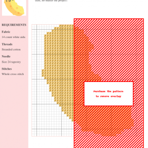 Cross stitch pattern featuring a cute sea cucumber design, using tan and red threads on white aida fabric. The pattern includes a grid for easy stitching.