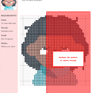 Cross-stitch pattern featuring a stylized portrait with dark hair, muted tones, and a touch of teal. The design is partially obscured by a red overlay.