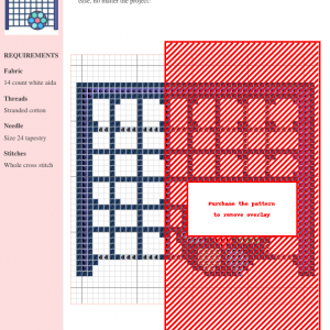 Cross-stitch pattern design featuring a handball goal and ball, using a combination of dark blue and purple threads on white aida fabric.