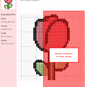 Cross stitch pattern depicting a single red rose with green stem and leaves. The pattern uses DMC and Anchor thread colors.