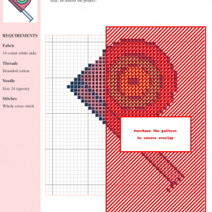 A cross-stitch pattern depicting a cute measuring tape, featuring a blend of red, orange, and gray threads on 14-count white Aida cloth.