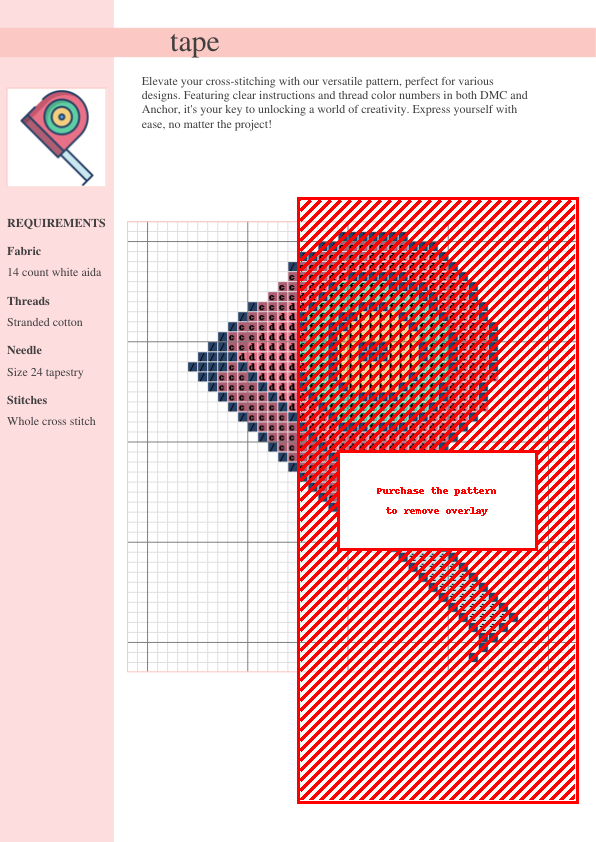 A cross-stitch pattern depicting a cute measuring tape, featuring a blend of red, orange, and gray threads on 14-count white Aida cloth.