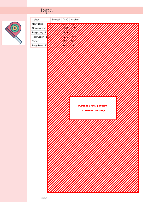 Image of a cross stitch pattern featuring a diagonal red and white striped design. DMC and Anchor thread color codes are listed.