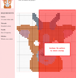 Cross stitch pattern showcasing an antelope design. The image shows a color chart with various shades of brown, red, and gray, along with materials and stitch requirements.