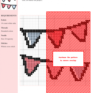 Cross stitch pattern chart depicting a garland of red hearts with a small bunting element. The design includes clear instructions and color codes.