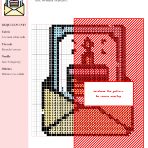 Cross stitch pattern design featuring a birthday cake in an envelope. The pattern uses various colors and is presented on a grid with color codes.