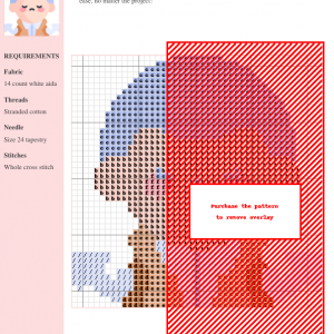 Cross stitch pattern featuring a whimsical character design in muted blues, browns, and reds. The pattern uses whole cross stitches.
