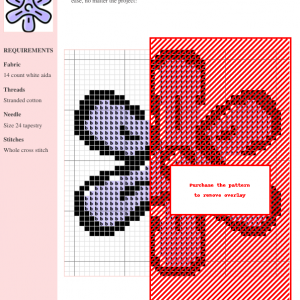 Cross stitch pattern of a hyacinth flower in shades of red and purple, displayed on a grid chart with color key.