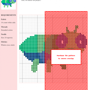 Cross-stitch pattern featuring a charming beetle design in shades of green, blue, and brown. The pattern uses whole cross stitches and includes a key for DMC and Anchor thread colors.