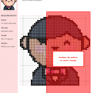 Cross-stitch pattern depicting a cute groom in a suit, featuring black, red, and pink threads on a white aida cloth.