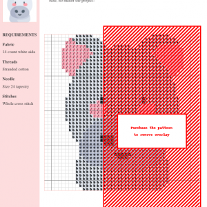Cross stitch pattern chart featuring a cute hippopotamus design in shades of pink, gray, and red.