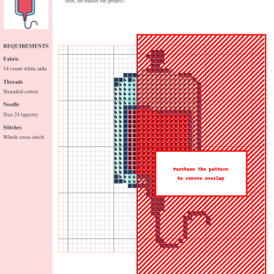 Cross-stitch pattern design of a blood bag, featuring a red and pastel color scheme. Clear grid and color key are shown.