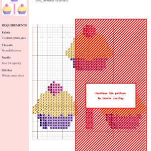 Image of a cross stitch pattern depicting a charming cupcake design, using pastel colors on white aida cloth.