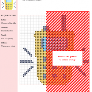 Cross-stitch pattern depicting a retro walkie talkie in warm colors, ready to stitch. Includes color chart and materials list.