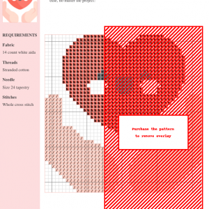 Cross stitch pattern featuring a heart design in shades of red and peach. The pattern includes a grid and color key.