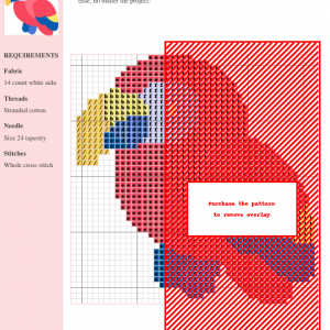Cross stitch pattern of a colorful macaw bird. The design uses various shades of red, pink, blue, yellow, and includes clear instructions and DMC/Anchor thread color numbers.