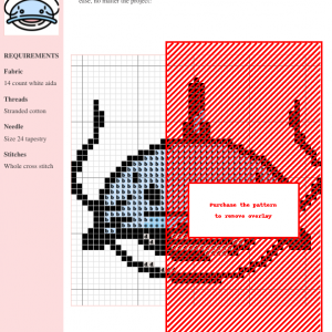 Cross stitch pattern of a charming catfish, featuring black, red, and light blue thread colors on white aida fabric.
