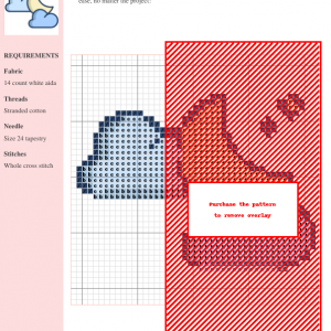 Cross stitch pattern depicting a crescent moon and clouds at night. The design uses blues and oranges, and is charted on a grid.