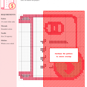 Cross stitch pattern showcasing a stylish 'Cost' design in shades of red and pink, featuring clear grid and color key.