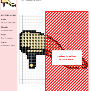 Cross stitch pattern depicting a pair of stylish high heels, using beige, black, and red threads on white aida fabric. Clear instructions and DMC/Anchor thread color codes are included.