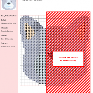 Cross stitch pattern design of a French Bulldog, featuring grey and beige color variations. The pattern is shown on a grid with color codes and material requirements listed.