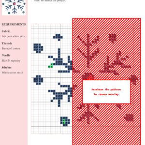 Cross stitch pattern showcasing a snowflake design on a red background. The pattern includes a key and instructions for 14-count white Aida cloth.