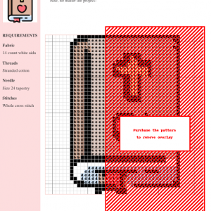 Cross-stitch pattern of a closed bible with a cross and heart. The design is primarily beige and red on white aida cloth.