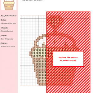Cross-stitch pattern featuring a charming cupcake design. The pattern uses primarily beige, brown, and red threads on white aida cloth.