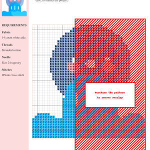 Cross stitch pattern chart depicting a stylized sewerage design in shades of blue and red on 14-count white Aida fabric.