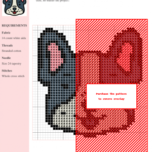 A cross-stitch pattern featuring a charming French Bulldog design. The pattern uses shades of gray, pink, and red on white aida cloth.