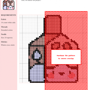 Cross stitch pattern chart depicting a cute almond milk carton, predominantly red and beige, on a white background. Includes materials list and stitch instructions.