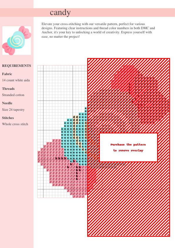 Cross stitch pattern featuring a colorful candy design, using DMC and Anchor threads. The pattern includes a color key and stitch guide.