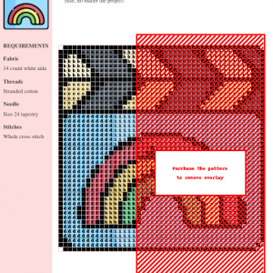 Cross stitch pattern depicting a movie-themed design with various colors and symbols. The pattern includes a key and color chart.